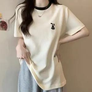 토끼자수 여자 반팔 티셔츠 라운드넥 여성 롱 반팔티 여성 셔츠 반팔티 여자 여름