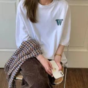 더블유 여성 반팔 티셔츠 오버핏 여자 여름 반팔티 반팔 면티 티 오버핏 여성 셔츠 여자 라운드티