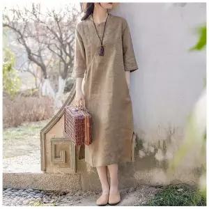 ADNEJH빛깃닥 여성 원피스 여름 린넨 자수 라운드넥 반팔 시원한