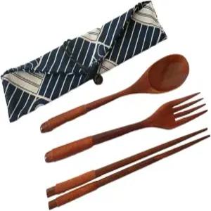 나무 식기 세트 젓가락 숟가락 포크 묶은 줄 대나무 야외 캠핑 여행 도구 재사용 가능한 천 가방과 함께