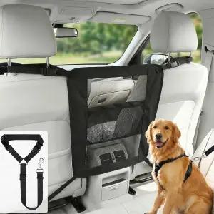 도그 카 배리어 및 안전벨트 세트 양면 정리함이 있는 반려견용 헤비 듀티 캔버스 카시트 디바이더 조절
