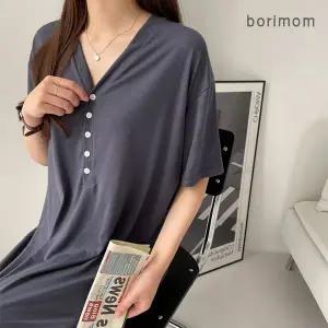 [하프클럽/보리맘]단추 브이넥 반팔 수유 원피스 모유 여름 수유복