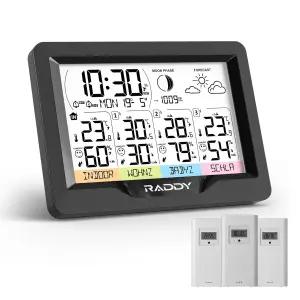 래디 WF-60M 무선 기상 관측소(실내 실외 온도계 원자 시계 듀얼 알람 3개의 센서 DIY 라벨 예보 가정 정원