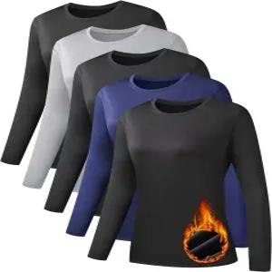 뉴부키넥스 5팩 여성용 긴팔 보온 셔츠 울트라 소프트 플리스 안감 크루넥 운동 바젤레이어 상의