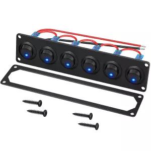 RVBOATPAT 6 갱 로커 스위치 패널 12V 원형 토글 3핀 파란색 LED 조명 12볼트 DC 20A SPST ON-OFF 해상