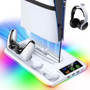 플스호환/Slim/Pro 냉각 스탠드(LED 컨트롤러 충전 스테이션 포함)  PlayStation 5 콘솔 액세서리용 3단 팬