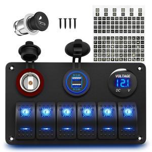 6구 마린 스위치 패널 보트 방수 12V 로커 LED 조명 USB 시거잭 전압계 포함