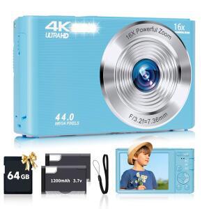 청소년용 스마트클릭 디지털 카메라, 64GB SD 카드가 장착된 FHD 4K 44MP, 16배 줌, 컴팩트 포인트 촬영 카메라 블루