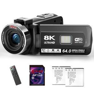 8K 비디오 카메라 - 64GB SD 카드 및 WiFi 18X 디지털 줌 브이로그 카메라가 장착된 UHD 64MP 캠코더, 유튜브용 IR 나이트 비전, 3인치 터치스크린, 렌즈 후드, 리모컨 배터리 2개 포함