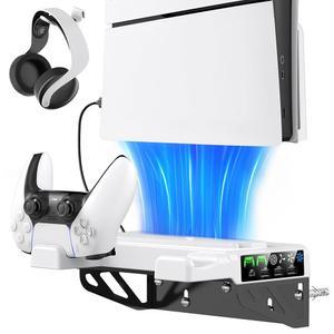 냉각 팬 및 충전소가 있는 PS5 /Slim /Pro 월 마운트 키트, 모든 플레이스테이션 5 디스크 디지털 콘솔용 선반 플로팅 마운트, TV 뒤 PS 브래킷, 프로 액세서리