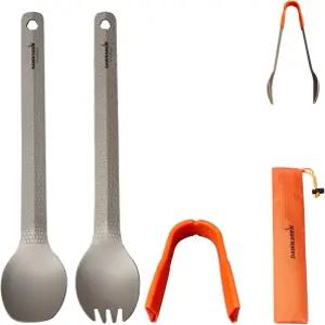 새벽 사슴 3 in 1 티타늄 초경량 식기 세트 긴 손잡이 숟가락 및 포크 캠핑용 집게 가방 포함 여행 도구