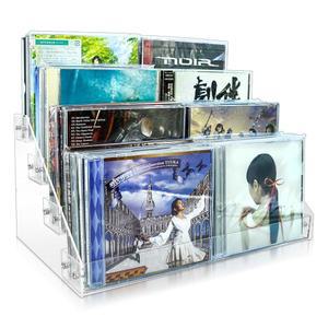 4티어 클리어 아크릴 CD 홀더 - 비닐 레코드 스탠드가 있는 캐스케이드 CD 및 DVD 보관 랙 - 최대 32개의 케이스(대형, 투명) 보관 가능