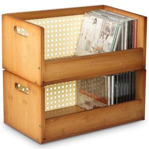 AIHSUMC 2세트 대나무 CD 보관함, 적재 가능한 CD 홀더, 영화 케이스, DVD, 카세트 테이프 진열대, 휴대용 손잡이가 있는 디스크 홀더 랙 정리 선반