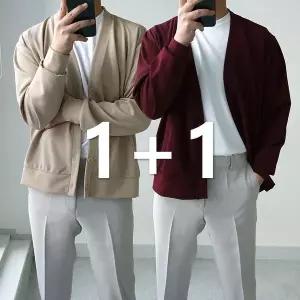 1+1 봄 기본 V넥 남자 얇은 가디건 직장인 슬랙스룩