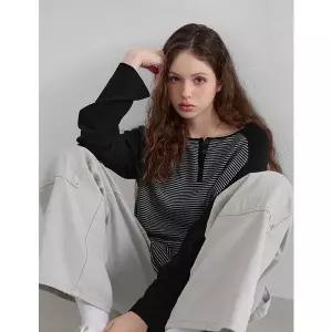 [공구우먼] [제작] 어도러블리 반오픈 스트라이프 나그랑 루즈핏 티셔츠 86759 빅사이즈여성의류