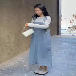 MADE 피넛진 스트라이프 멜빵 롱 원피스 (one color)