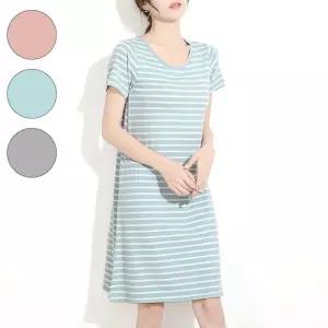 파자마 원피스 여성 루즈핏 라운드 단가라 면 잠옷 원피스 잠옷 여름원피스