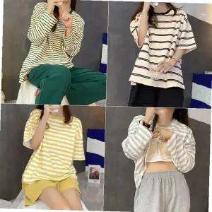 줄무늬 티셔츠 브라탑 내장 반소매 긴소매 잠옷 세트 집 편한 옷 홈웨어 파자마