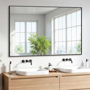 퍼니바 욕실 거울 48인치 x 30인치 대형 직사각형 벽 거울 욕실용 블랙 메탈 프레임 벽걸이 거울 화장실 화장실 침실 현관 장식(수평/수직)