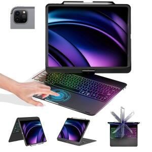 IPAD AIR 13인치(M3 / M2) 및 PRO 13인치(M5 M4) 12.9(6세대 5세대 4세대 3세대) 키보드용 BABG 키보드 케이스 360 회전 가능 투패드 백릿 연필 충전-블랙