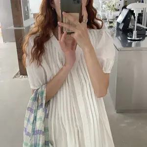 SG-375 라엔 여름 반팔 퍼프 브이넥 루즈핏 A라인 세로 핀턱 버튼 롱 원피스