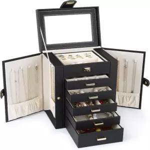 켄달 주얼리 박스 목걸이 팔찌 반지 시계용 6단 보관 정리함 10.2 x8.2 x6 클래식 블랙 PU 가죽 5 서랍