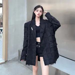 검정 캐주얼 빈티지 여성용 체크 정장 자켓 코트 상의 트리밍 루즈핏 자카드 원픽1