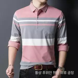 픽호샵 면 춘추 캐주얼 남성 키작남 카라넥티 칼라 스트라이프 긴팔 티 꾹3