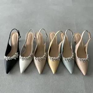 포인트 소가죽 고급스러운 큐빅 장식 드레스업 슬링백 힐 5FWY