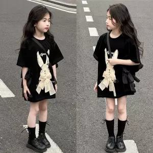 [삐삐네옷가게]초등 주니어 여아 블랙 리본래빗 프릴 반팔 티셔츠