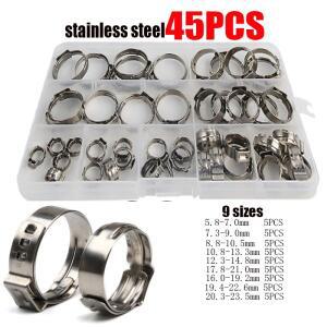 상자에 45pcs 5.8-23.5mm 호스 클램프 단일 귀 304 스테인레스 스틸 구색 키트 클립 파이프