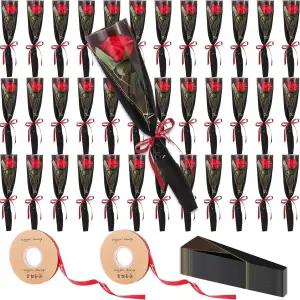 Zeyune 36 팩 발렌타인 싱글 로즈 소매 세트 인공 레드 벌크 꽃 데이용 스템 플라워 랩 기념일 로맨틱한