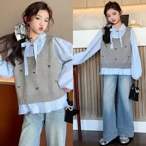 [삐삐네옷가게]여아용 초등 러블리 리본 셔츠 니트 조끼 2종세트