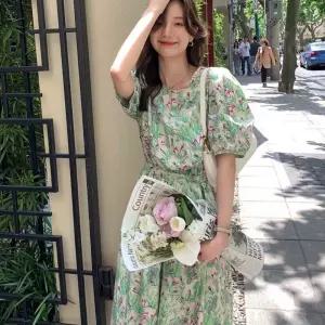 아멜리 여성 플라워 원피스 퍼프소매 롱원피스 휴양지