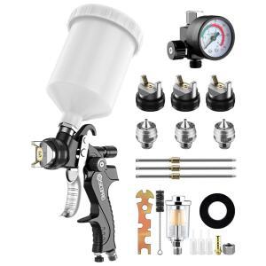 SICOPRO HVLP 페인트 분무기 건, 주택 페인트용 에어 분무기, 자동차, 건 1.4/1.7/2.0mm 15 노즐 홀, 바니시 및 탑 코트, 레귤레이터