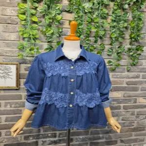 층층 플라워 자수 레이스 데님 청 블라우스