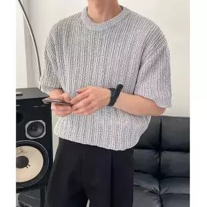 니트 캐주얼 오피스룩 여름 남자 통기성 편안한 상의 스웨터 반팔 라운드넥 admr2