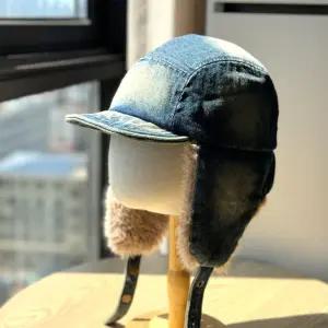 커플귀달이모자 워싱 데님 남녀공용 귀달이 털모자