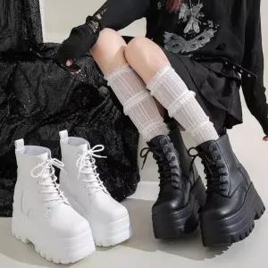 여성 2컬러 레이스업 앵클부츠  통굽 플랫 통굽워커