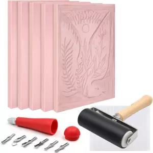 5팩 4x6 페일 핑크 고무 스탬프 조각 블록 리놀륨 커터와 브레이어 롤러로 제조업체 인쇄 용품을 위한