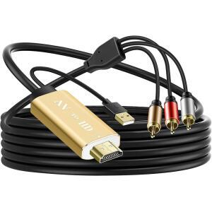 [미국배송] 스마트 TV용 RCA-HDMI 변환기 - VCR / DVD VHS 플레이어 ROKU PS2 게임 콘솔용 복합 AV-HDMI 1080P 알루미늄 합금 비디오 오디오 어댑터 6피트(황금)