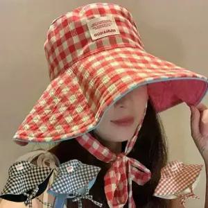 챙넓은 버킷햇 여름 보닛햇 턱끈 모자 자외선차단 벙거지 체크 날림방지 스트랩 여성 얼굴작아보이는