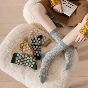 여성 플라워 발목 양말 꽃무늬 패턴 패션 여자 디자인 데일리 긴목 꽃 캐주얼 프린트 중목 면 길이