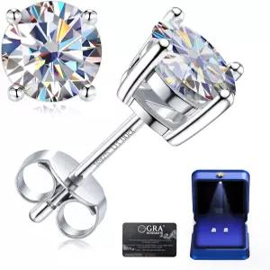 여성용 모이사 스터드 귀걸이 1개 /2CT 저자극성 화이트 골드 도금 솔리드 925 스털링 실버 플랫 백 남성용
