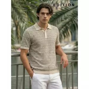 스트라이프 반팔 카라 니트 NEE2ET1915