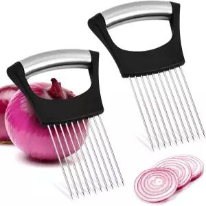 슬라이스용 양파 홀더 스테인리스 스틸 토마토 슬라이서 커터 감자 육류용 채소 과일 2