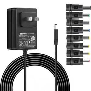 카도 전원 어댑터 12V-2.5A 2A 1.5A 1.25A 1A AC/DC 전원 코드 5.5x2.1mm, 셉터 모니터, 에코 스마트 스피커 및 디스플레이, 웹캠, 라우터, 미니 PC, 프로젝터, CCTV, 블루투스 스피커용 8가지 팁 포함