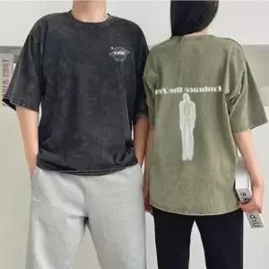 남녀공용 여름 외출 빈티지 스타일 피그먼트 프린팅 반팔 티셔츠