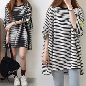 2컬 여자 단가라 여름 편한 롱 티셔츠 오버핏 반팔티