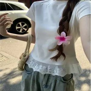 티셔츠 밑단 여성 여름 화이트 슬림핏 레이스 반팔티